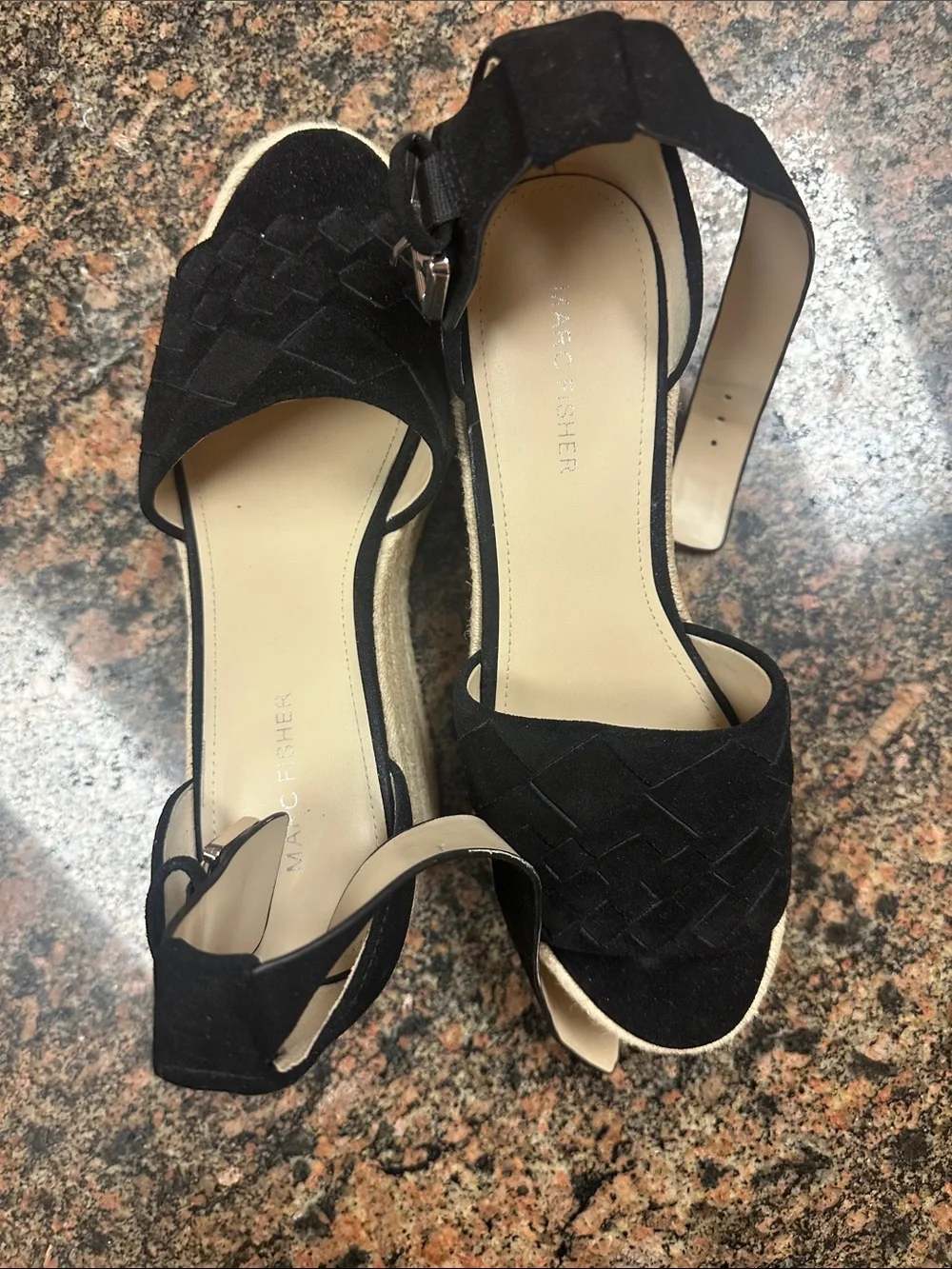 Marc Fisher Black Suede Woven Espadrille Wedge Sandals with Ankle Strap size 10